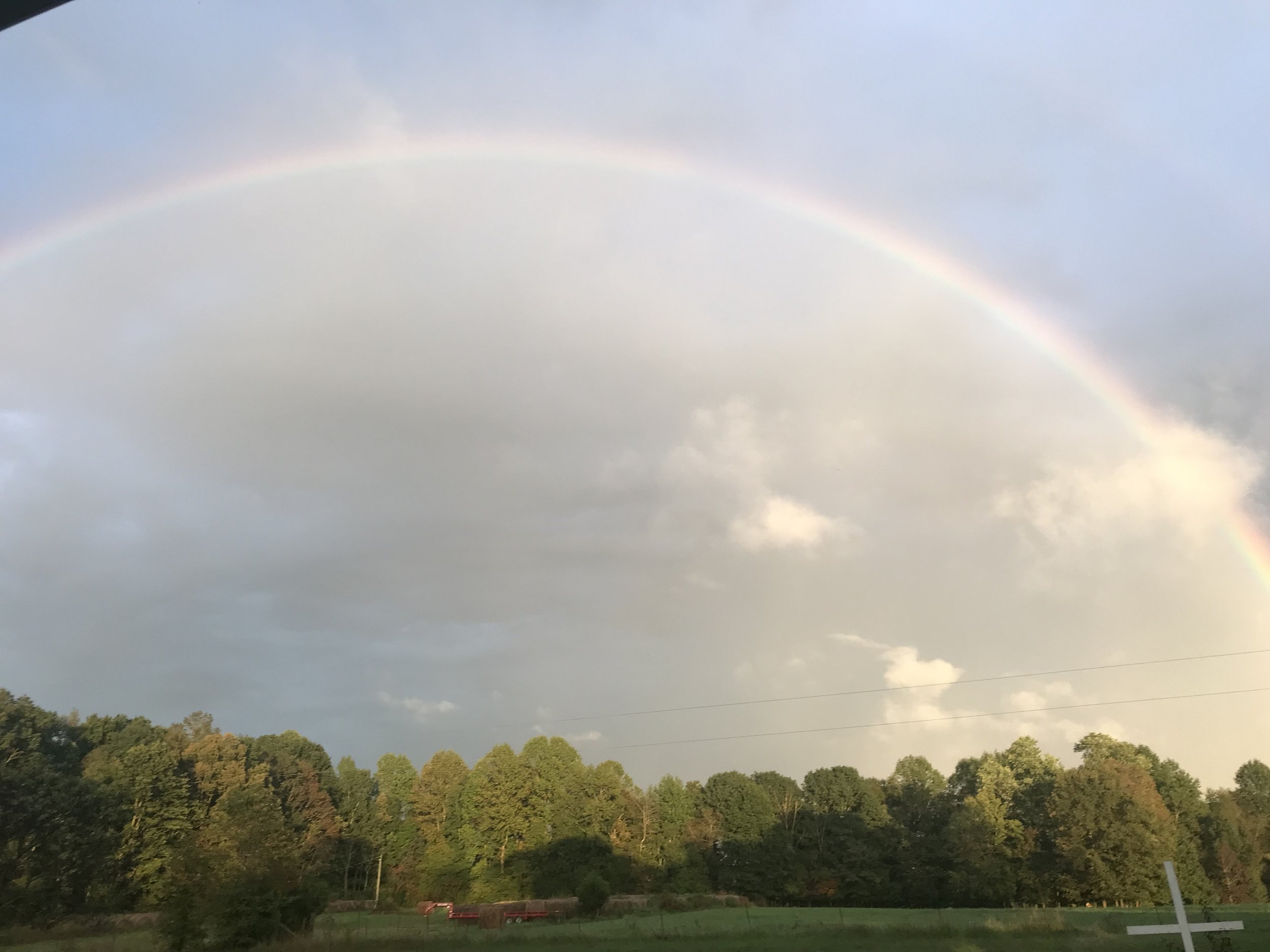 Robert+Siddens+-+IMG_2042 Vibrant rainbow arching over a lush green landscape with trees and a partly cloudy sky, showcasing the beauty of nature after rain.